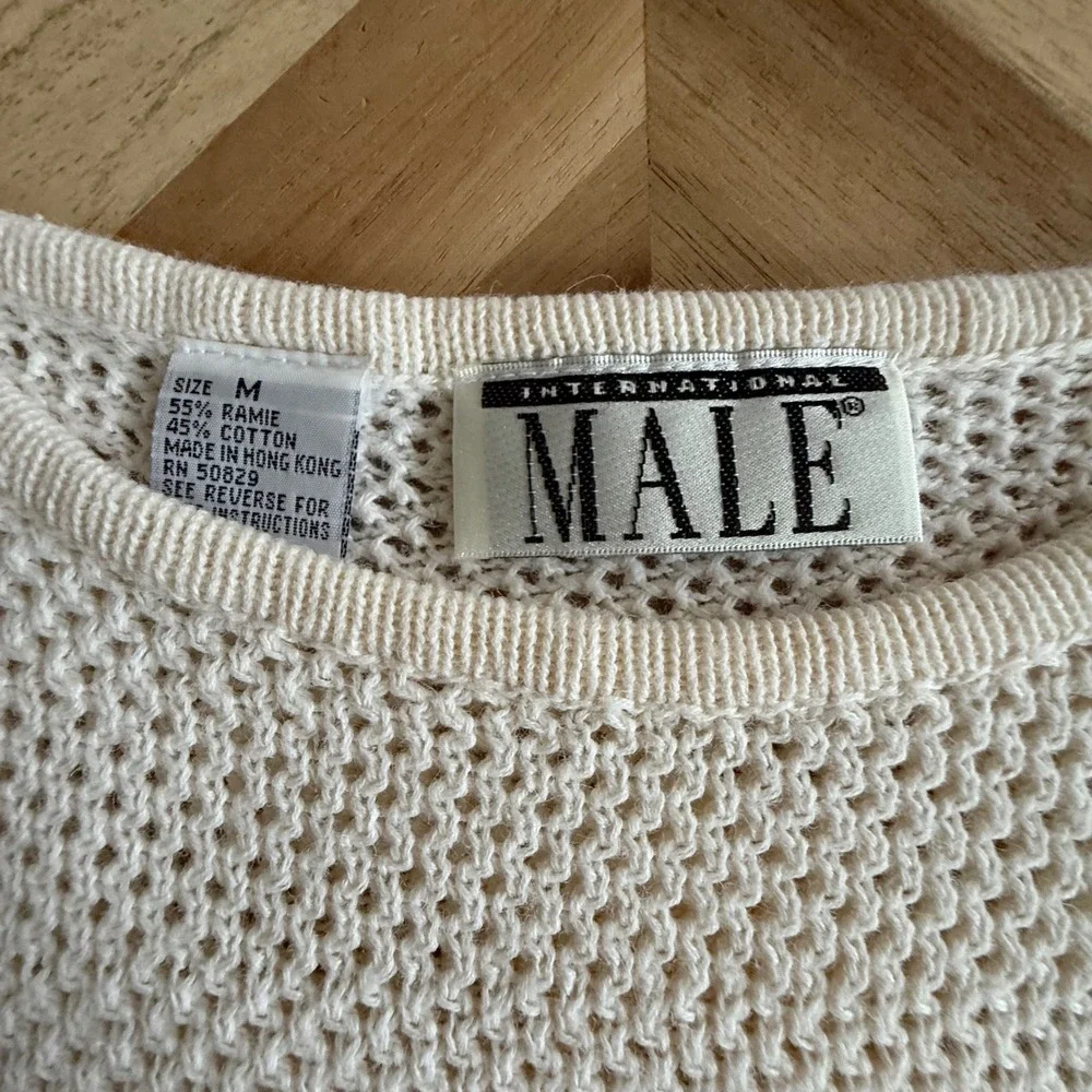 International Male Vintage Knit Sweater Tee Cream Ramie Cotton Mesh Top Mens M